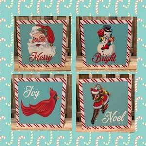 Retro Christmas Walk Decor Set Of 4, Santa Claus Reindeer Snowman Cardinal Signs